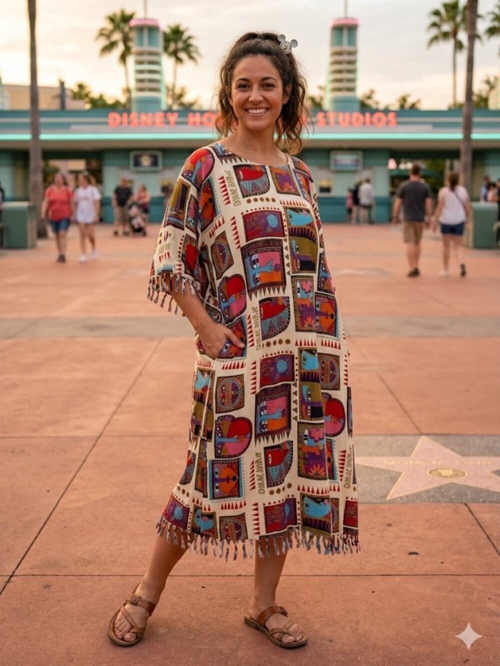 Global Spirit Women SZ X Multi Color Abstract Kimono Sleeve Fringe Hem Tunic